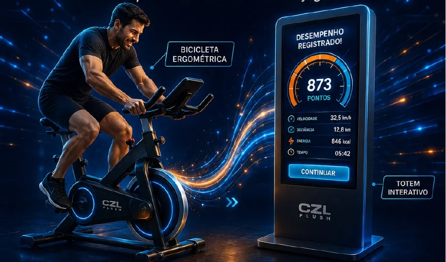 Simulador de Bicicleta ilustrado no catálogo: participante pedalando em uma experiência conectada à tela.
